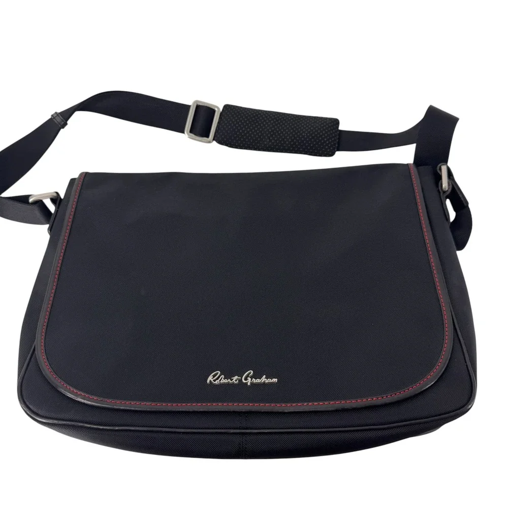 Robert Graham Mens Black Nylon Messenger Bag Skull Print Lining Satchel